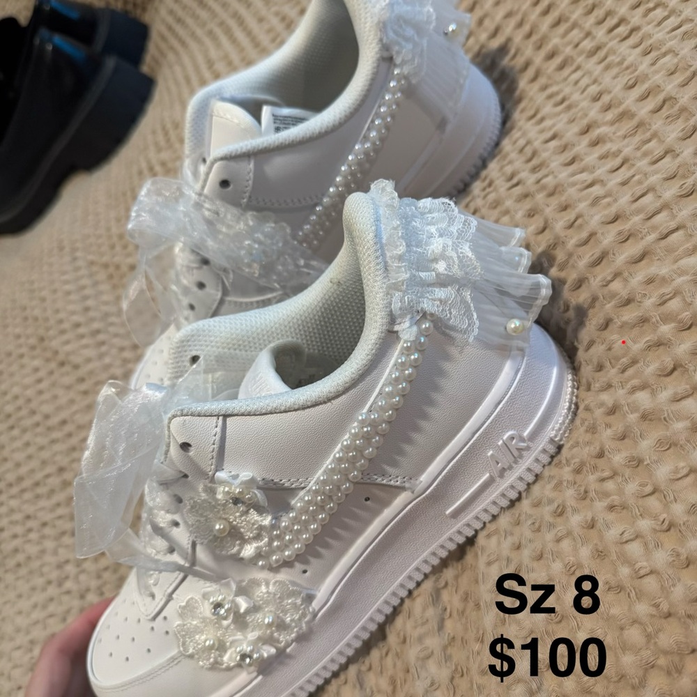 White Nike Shoes with Lace and Pearl Details
